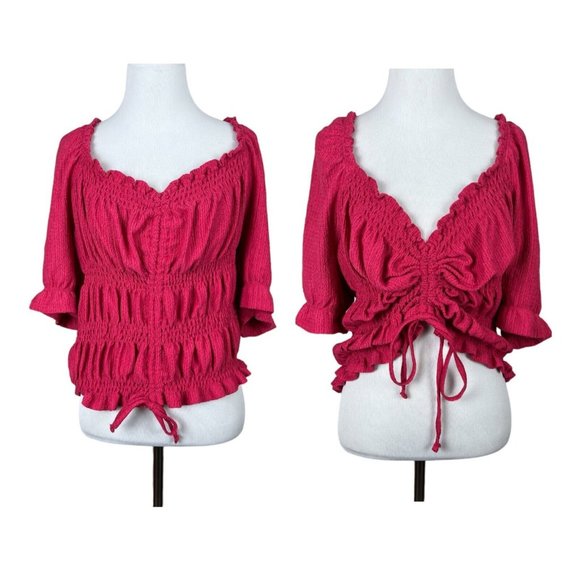 Anthropologie PILCRO Top Women XL Pink Rose Cinched Smocked Puff Sleeve Boho NEW - Picture 1 of 15